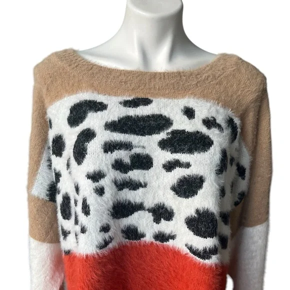 COCOBLEU Colorblock Leopard Print Fuzzy Crewneck Sweater, Sz 1X - Picture 8 of 14